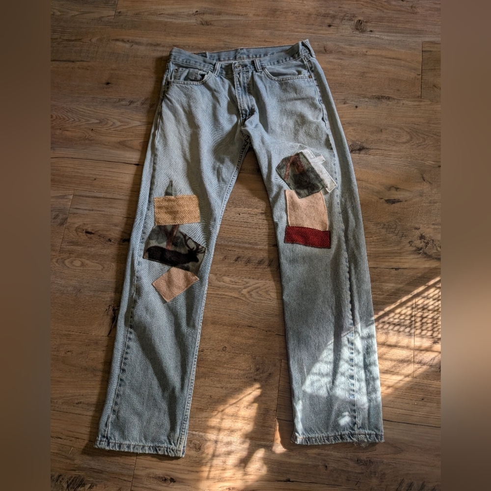 505 Men's Levi's 33W X34L Straight Jeans with Polar Fleece Patches